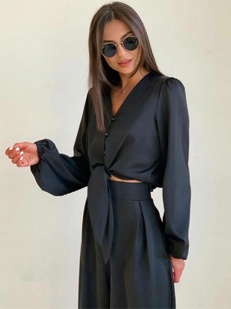 Women's Two Piece Pants Summer Women Fashion Black Satin Pant Suits VNeck Long Sleeve Blouse Matching Wide Trousers Suit Casual Slim Two Piece Se