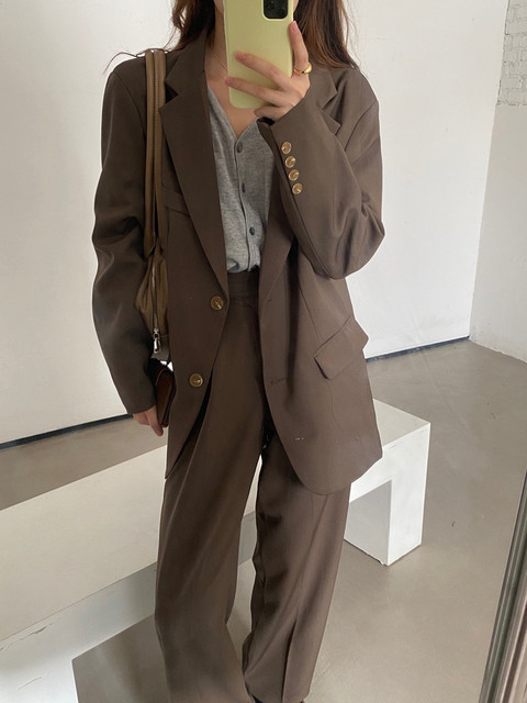 Women's Two Piece Pants HziriP Fashion Vintage Blazer Pants Suit OL Elegant Business Wear Blazers High Waist Wide Leg Pants Suits 2 Piece Set 220