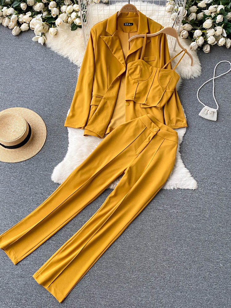 Women's Two Piece Pants Women Elegant Blazer Three Piece Sets Sexy Tank Tops Loose Jacket and Slim High Waisted Long Pants Suits Woman Outfits 22