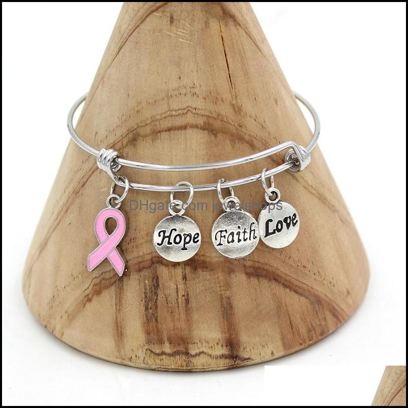 Charm Bracelets New Arrival Stainless Steel Wire Bangle Hope Faith Breast Cancer Charm Bracelets For Women Awarenesss Jewe Jewelshops Dhr5Z