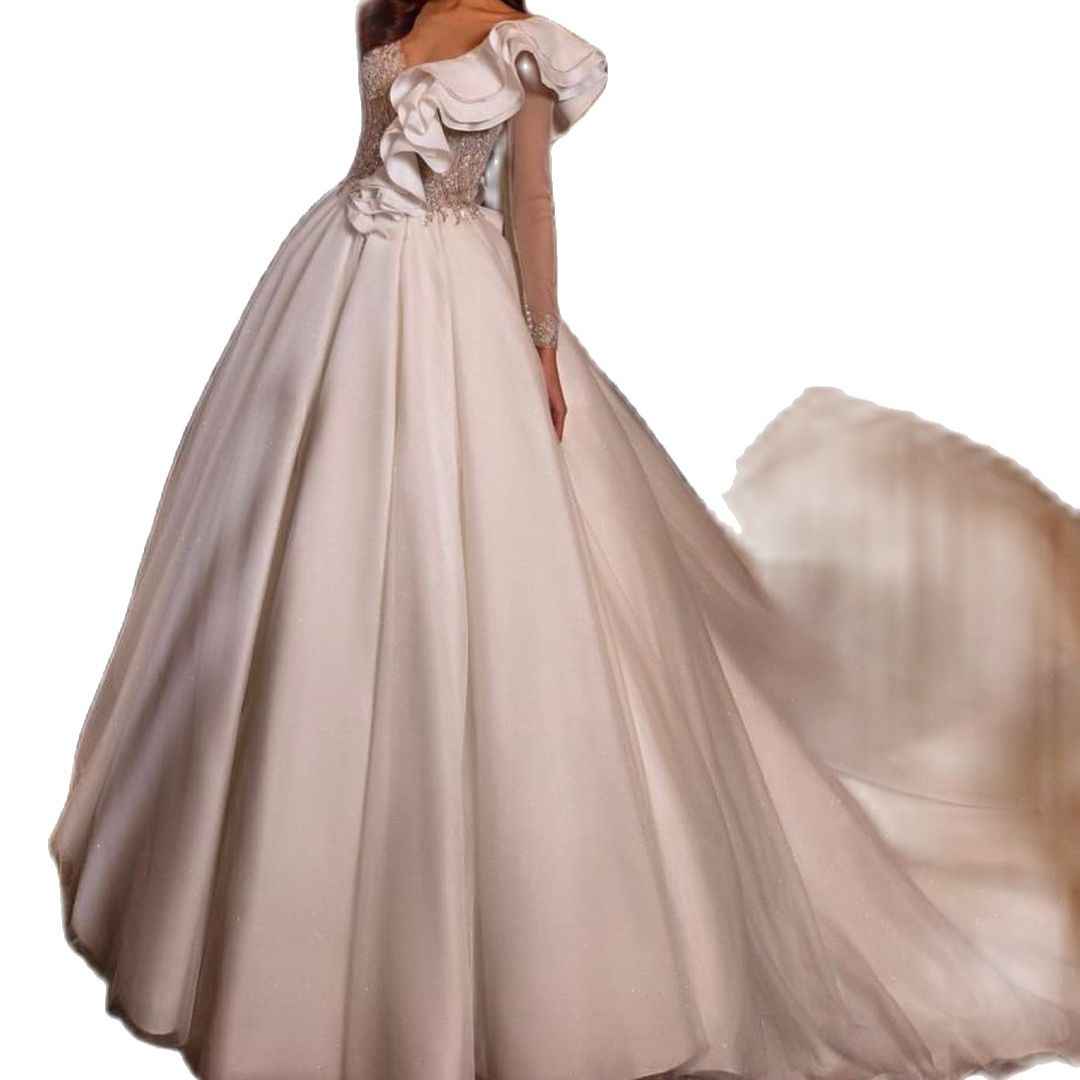 Designed White Wedding Dress Custom Made V Neck Tiered Sleeve A Line Gown Long Train Church Bridal Dresses