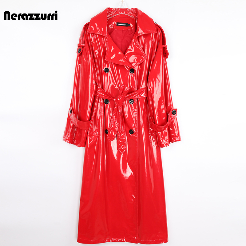 Women s Plus Size Outerwear Coats Nerazzurri Autumn Long Red Waterproof Shiny Reflective Patent Leather Trench Coat for Women Double Breasted Fashion 