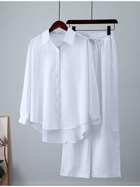 Women's Two Piece Pants Casual Women Tracksuit Shirts Pant Suit Summer Long Sleeve Shirt Wide Leg Pants 2 Pieces Set Female Lady Fashion Outfit 2