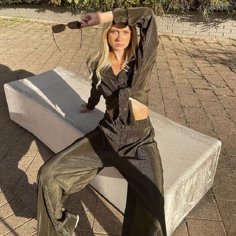 Women's Two Piece Pants Spring Autumn Loose Women Two Piece Set Casual Long Sleeve Button Tops Long Pants Outfit Elegant Office Lady Shirt Suits 