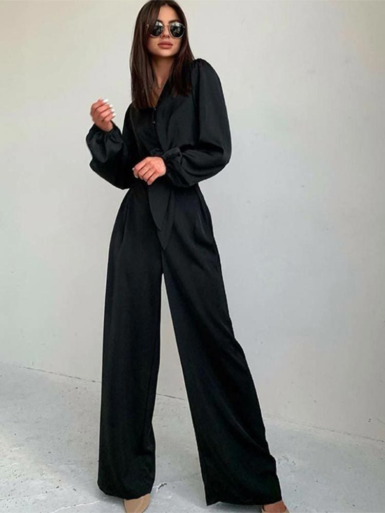 Women's Two Piece Pants Summer Women Fashion Black Satin Pant Suits VNeck Long Sleeve Blouse Matching Wide Trousers Suit Casual Slim Two Piece Se