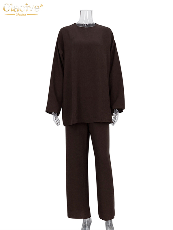 Women's Two Piece Pants Clacive Fashion Loose 2 Piece Pants Set Women Casual Long Sleeve TShrit Matching Wide Trousers Suit Vintage High Wasit Pa