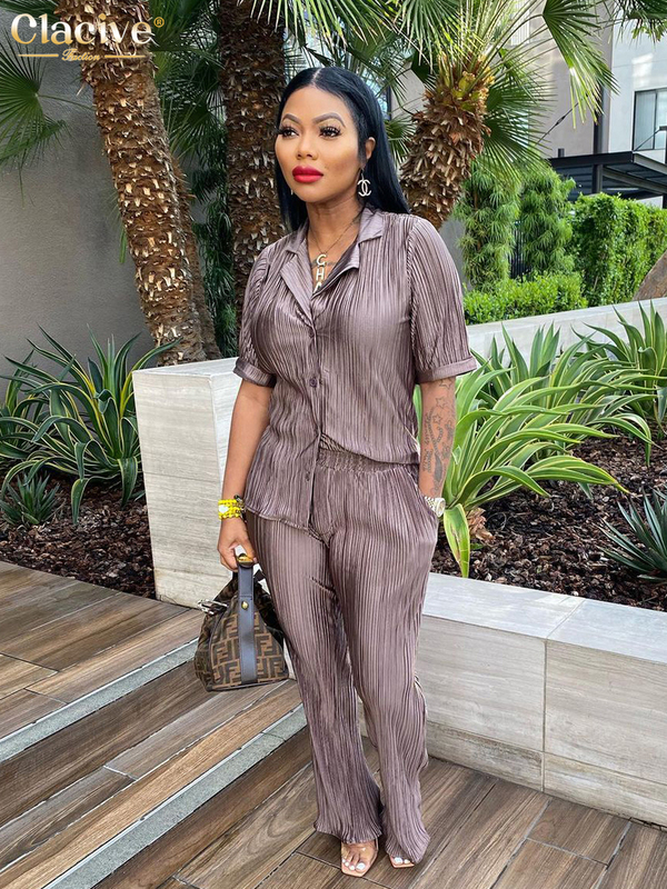 Women's Two Piece Pants Clacive Summer Short Sleeve Shirts Set Woman 2 Pieces Sexy Green Pleated Trouser Suits Female Casual High Waist Wide Pant