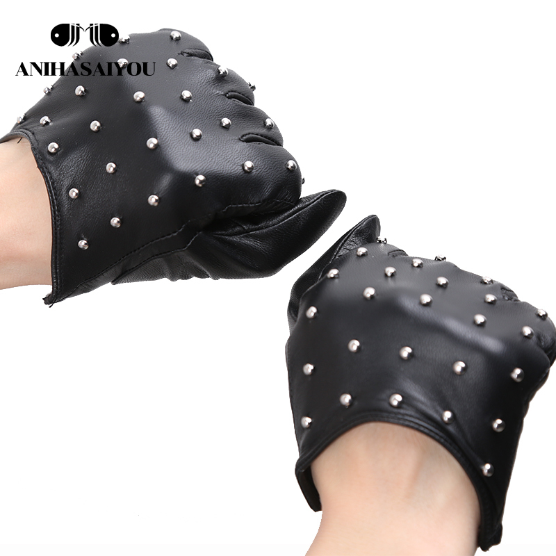 Five Fingers Gloves Rivets Genuine Leather Sheepskin women's gloves Thin warm women's winter gloves driving motorcycle women's leather 