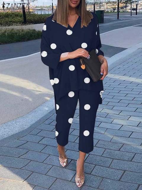 Summer Two Piece Sets Fashion Urban Tracksuits Women Polka Dot Printed Matching Sets Casual Trouser Suits Pant Sets 220922