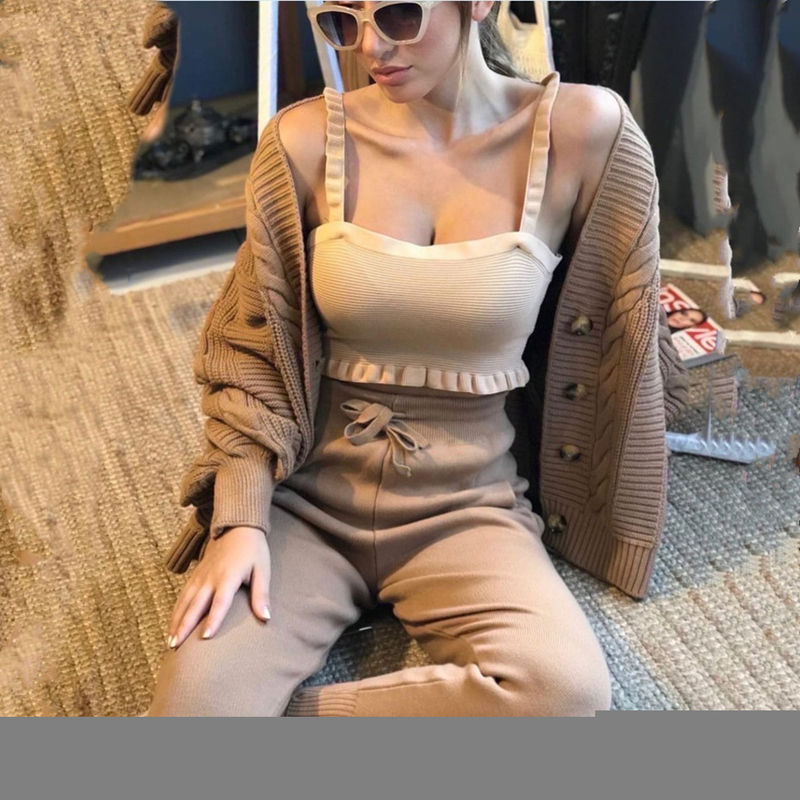 Women's Two Piece Pants Women Knitting 2pieces sweater Suit Hemp Flower Vneck SingleBreasted cardiganPants lady winter sweater Set Winter Tracksu