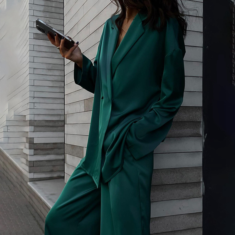 Women's Two Piece Pants Fashion Long Sleeve Blazer Two Piece Sets Women Outifits Casual Loose Office Pants Set Elegant Green Satin Trouser Suits 