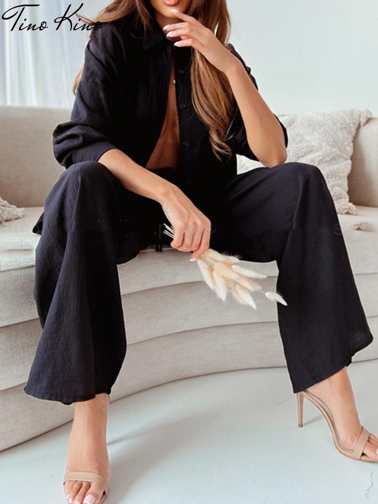 Women's Two Piece Pants Casual Women Tracksuit Shirts Pant Suit Summer Long Sleeve Shirt Wide Leg Pants 2 Pieces Set Female Lady Fashion Outfit 2