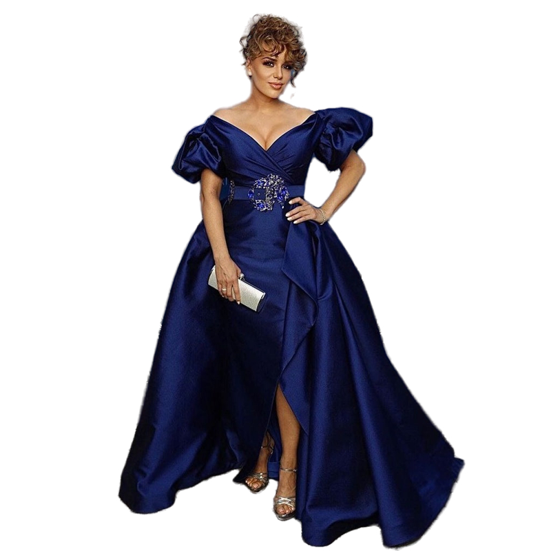 Elegant Slit Sheath Celebrity Evening Dresses With Detachable Skirt V-Neck Dark Navy Prom Gowns Short Lantern Sleeve Simple Satin Red Carpet Dress