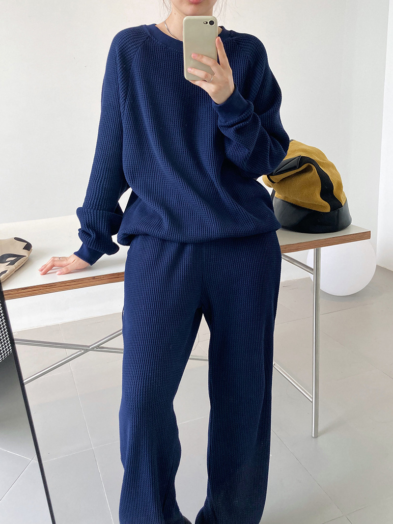 Women's Two Piece Pants Korean style longsleeved waffle sweater trousers twopiece fashion casual sports suit women 220922