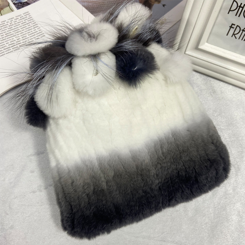 Beanie/Skull Caps Russian Winter Real Fur Hat Natural Rex Rabbit Fur Warm Cap Ladies Knitted 100% Geunine Fur Hats 220922
