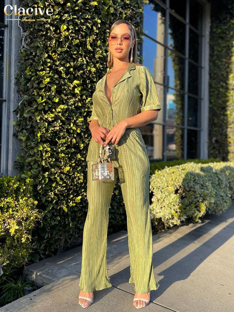 Women's Two Piece Pants Clacive Summer Short Sleeve Shirts Set Woman 2 Pieces Sexy Green Pleated Trouser Suits Female Casual High Waist Wide Pant