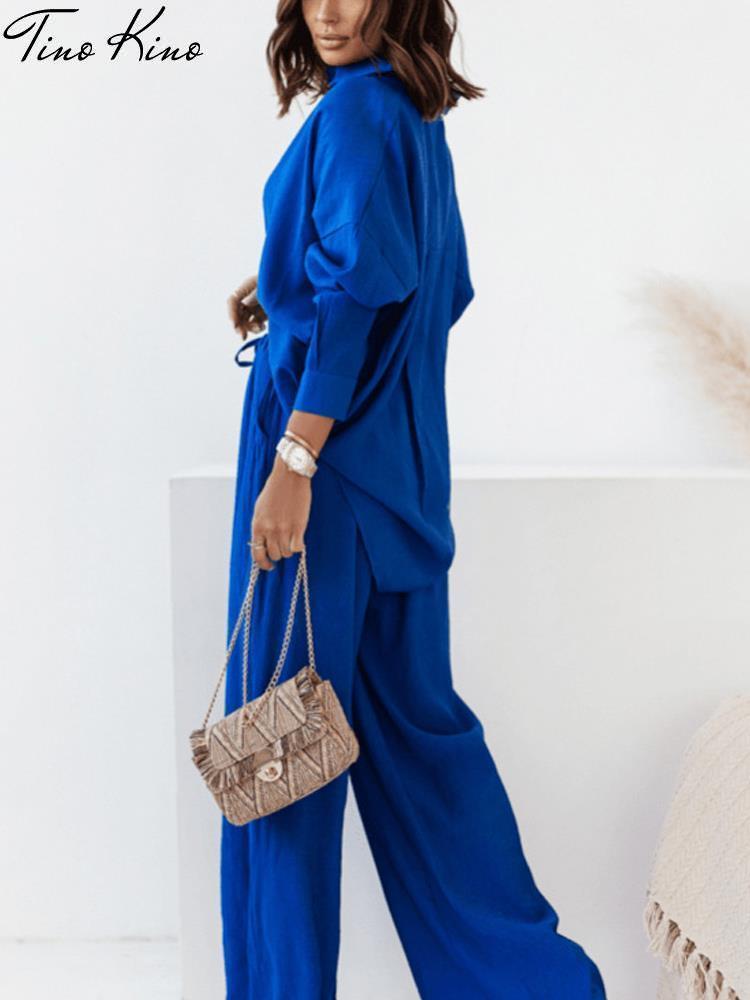 Women's Two Piece Pants Casual Women Tracksuit Shirts Pant Suit Summer Long Sleeve Shirt Wide Leg Pants 2 Pieces Set Female Lady Fashion Outfit 2