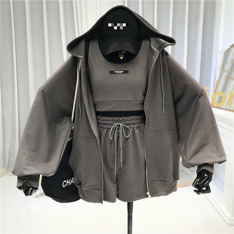 Women's Two Piece Pants Nowsaa Sexy Letter Vest Drawstring Shorts Hooded Zipper Jacket Tracksuit Threepiece Set Casual Allmatch Suit Women 220922