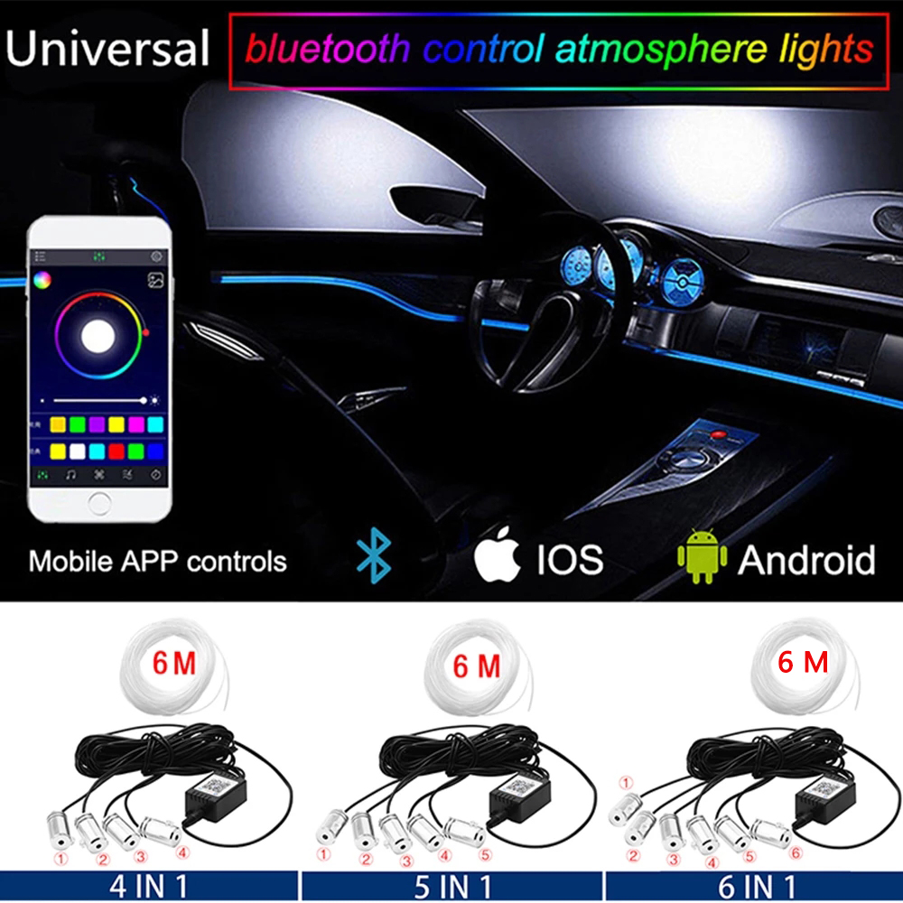 Car Interior Neon RGB Led Strip Lights 456 in 1 Bluetooth App Control Decorative Lights Ambient Atmosphere Dashboard Lamp