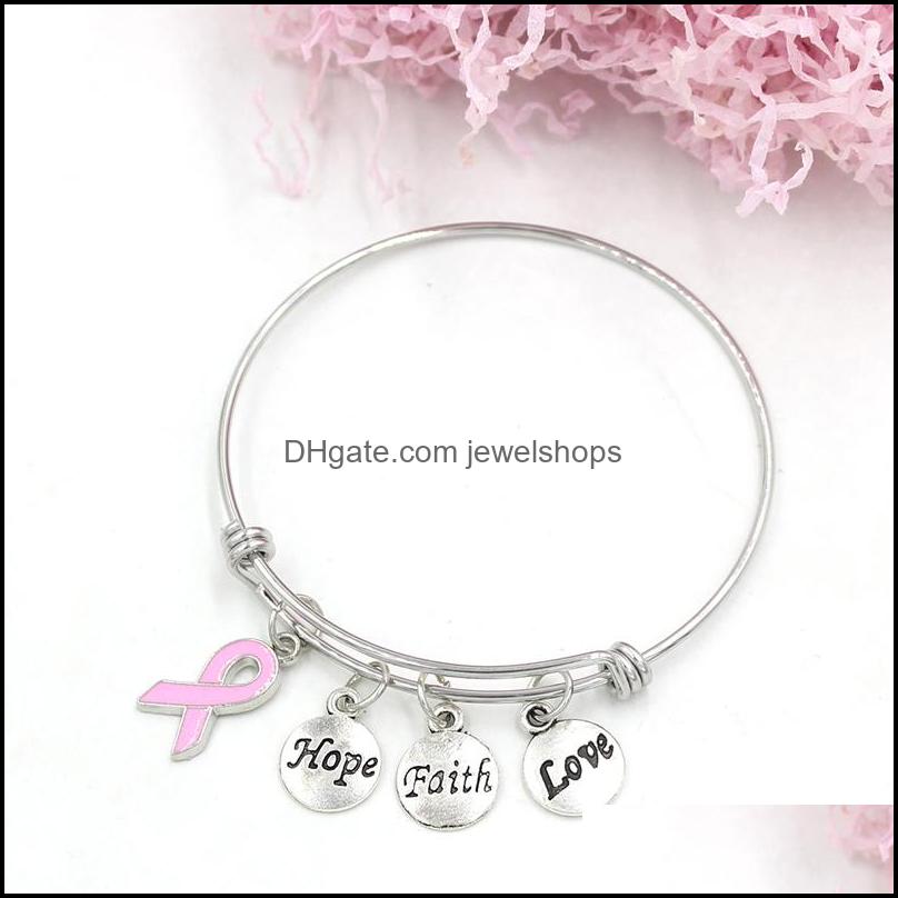 Charm Bracelets New Arrival Stainless Steel Wire Bangle Hope Faith Breast Cancer Charm Bracelets For Women Awarenesss Jewe Jewelshops Dhr5Z