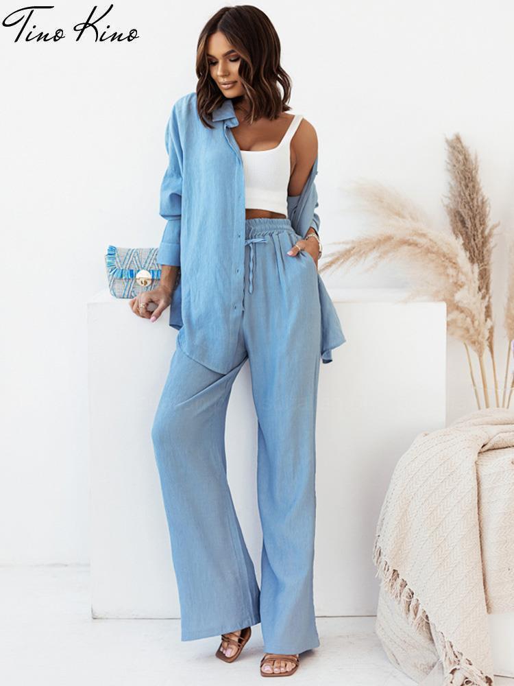 Women's Two Piece Pants Casual Women Tracksuit Shirts Pant Suit Summer Long Sleeve Shirt Wide Leg Pants 2 Pieces Set Female Lady Fashion Outfit 2