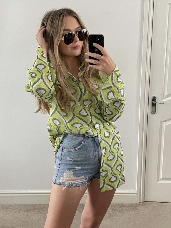 Women's Two Piece Pants KONDALA Vintage Green Geometric Women Suit Oversized Long Shirts Women and High Waist Wide Leg Long Pants Casual Women Se