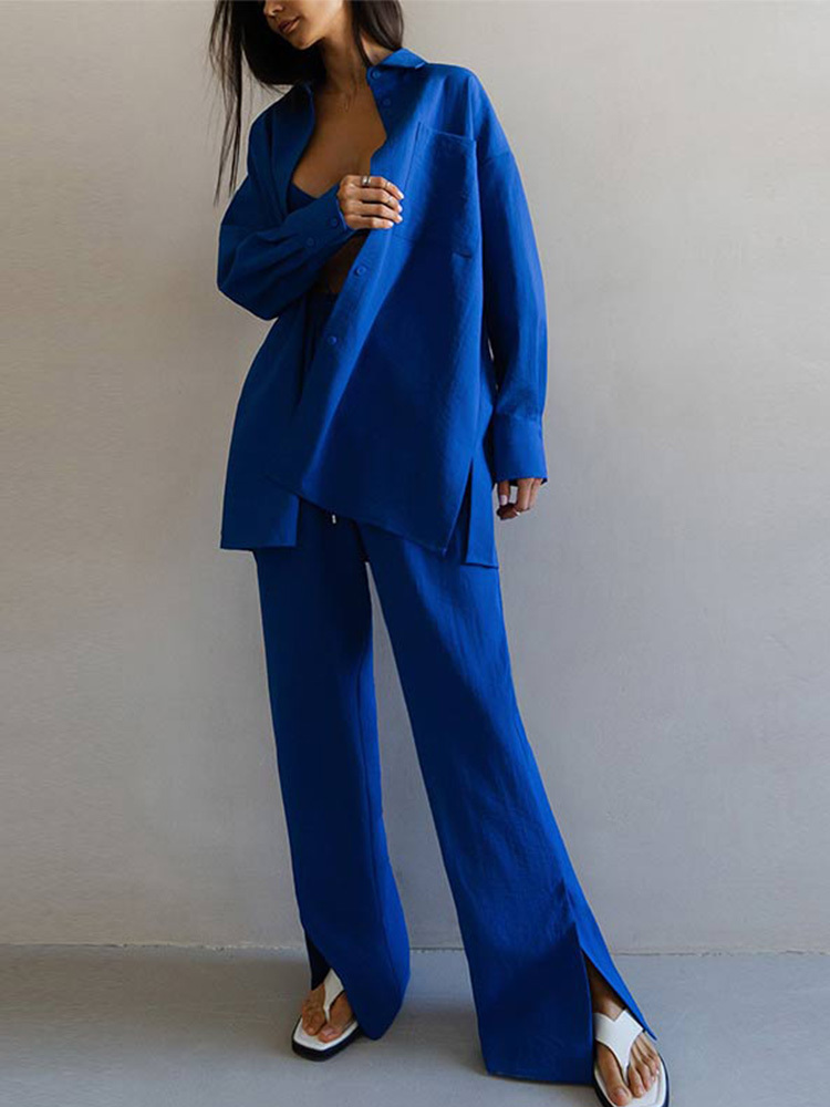 Women's Two Piece Pants Women Shirt 2 Pieces Sets Casual Office Lady Loose Chic Blouse Outfits Solid Long Sleeve Shirts And Split Trousers Suits 