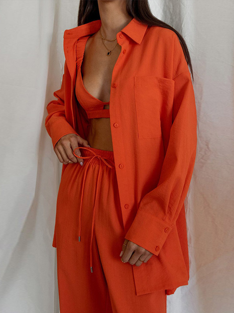 Women's Two Piece Pants Women Shirt 2 Pieces Sets Casual Office Lady Loose Chic Blouse Outfits Solid Long Sleeve Shirts And Split Trousers Suits 