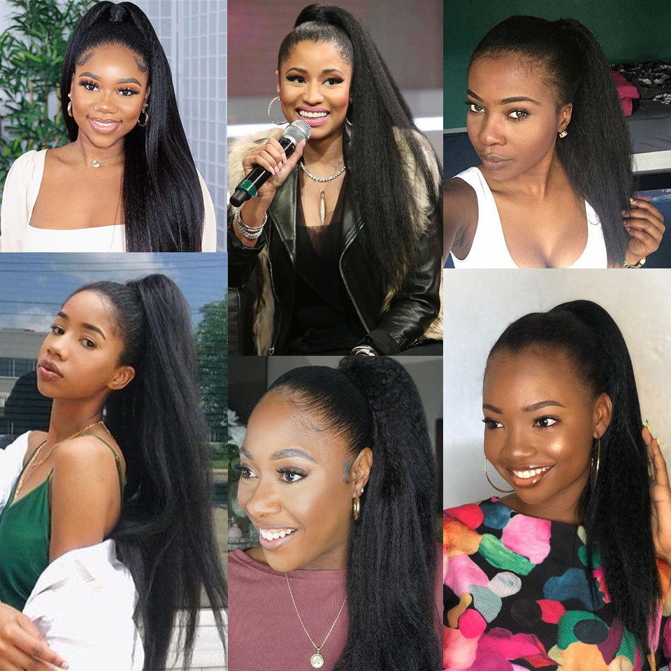 Kinky Straight Wrap Around Ponytail Human Hair Brazilian Pony Tail Remy Hair Clip In Ponytails Extensions For Women natural 1b 120g