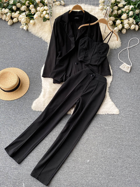 Women's Two Piece Pants Women Elegant Blazer Three Piece Sets Sexy Tank Tops Loose Jacket and Slim High Waisted Long Pants Suits Woman Outfits 22