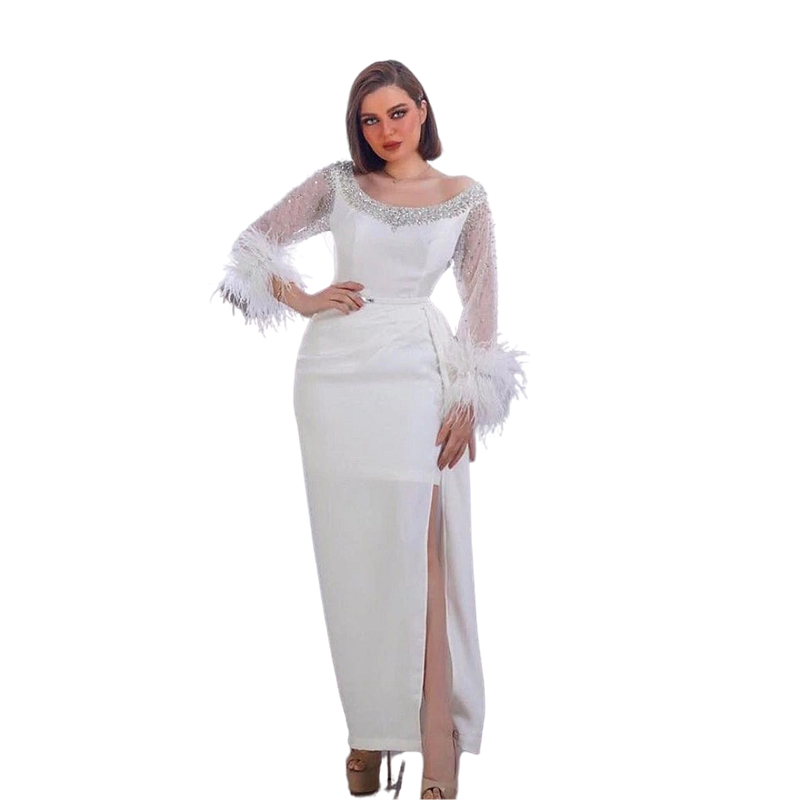 Elegant Feather Long Sleeve Prom Dresses Sheath Side Slit White Formal Evening Gowns Scoop Neck Beaded Ankle Length Special Occasion Wear Reception En