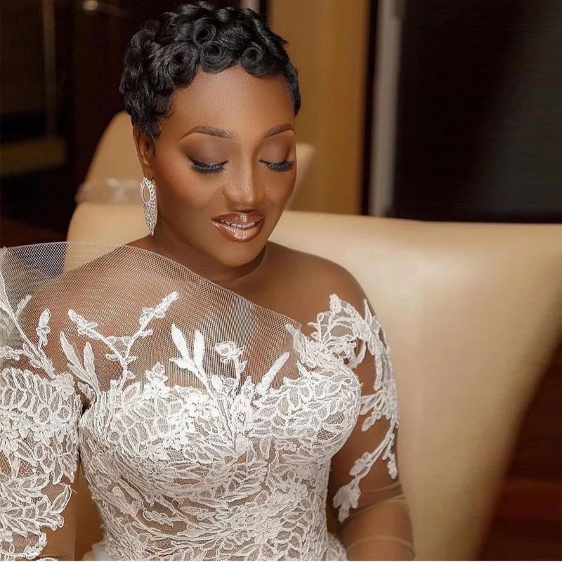 Stylish Mermaid Wedding Dress One Long Sleeve Bateau Lace Appliques Sequins Floor Length Lace Ruffles Elegant Bridal Gowns Plus Size Vestido de novia