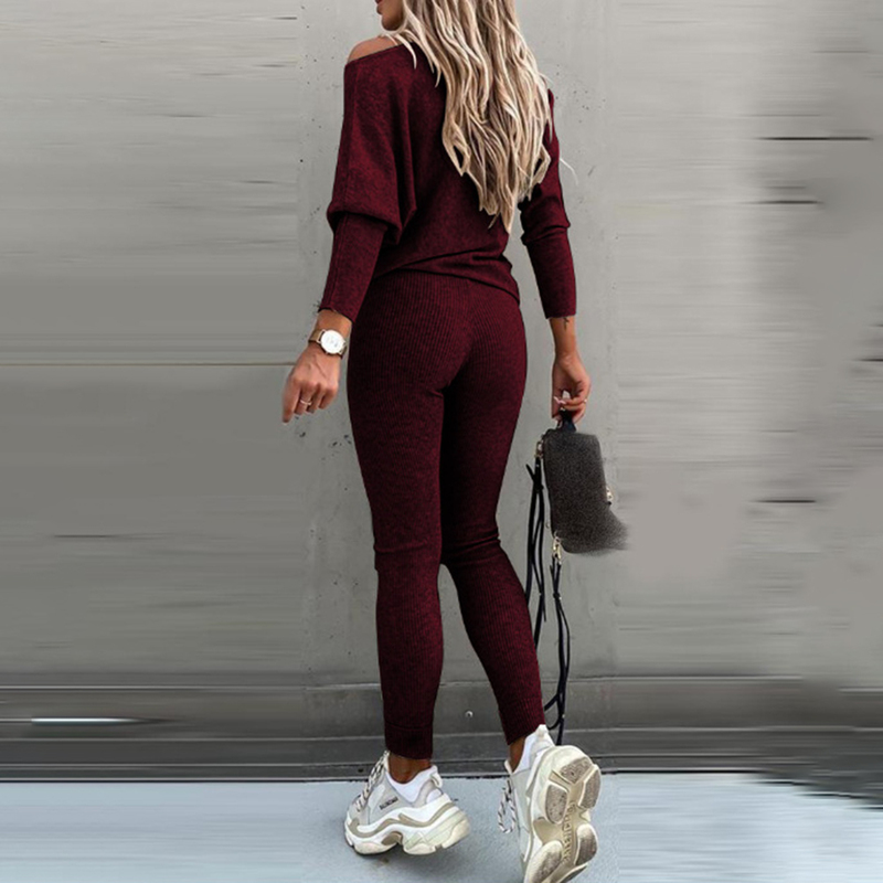 Women's Two Piece Pants Spring Set Women 2 Pieces Solid Color Fashion Skew Shoulder Long Sleeve Loose Sports Trousers Long Tight Pants Tracksuit 
