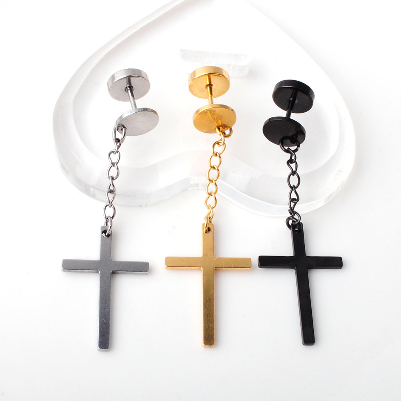Charm Cross Drop Dangle Earrings Hip Hop Punk Men's Stainless Steel Barbell Stud Earrings Jewelry