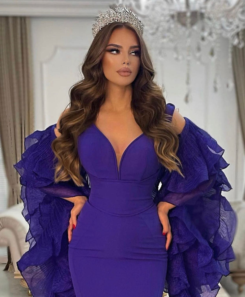 Elegant Arabic Blue Evening Dresses Ruffles Long Sleeves Mermaid Celebrity Gowns Off The Shoulder Straps Maxi Prom Party Dress Simple Satin Robe De So