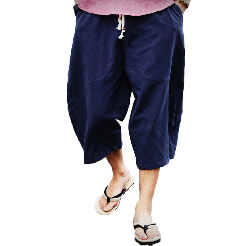 Men's Pants Cotton Linen Baggy Wide Leg Hanging Crotch Hip Hop Bloomers 's CalfLength Cross Trousers 220922