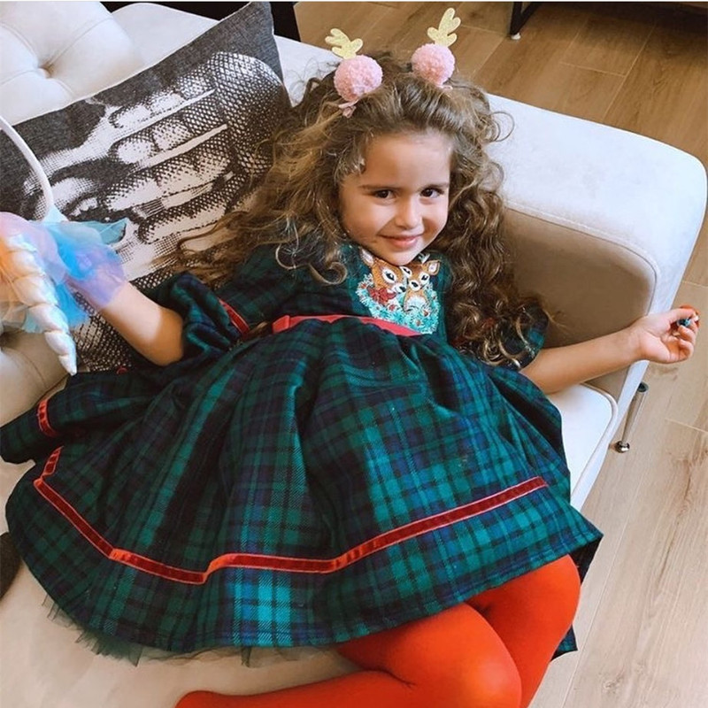 Special Occasions 0-12Y Baby Girl Autumn Winter Green Plaid Deer Embroidery Vintage Spanish Princess Ball Gown Dress for Christmas Eid Causal 220922