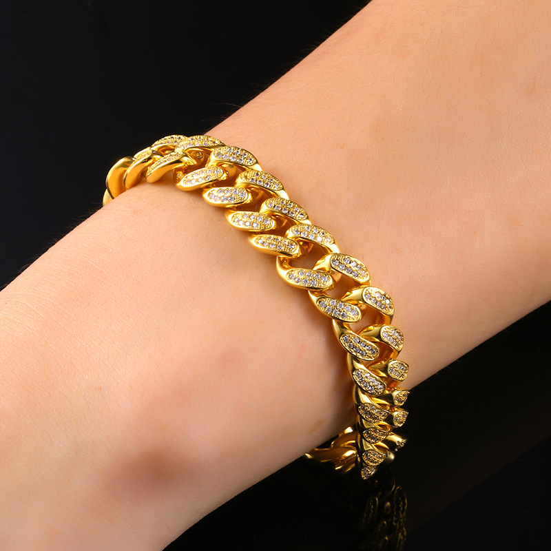 12mm TopBling Cuban Link Chain Bracelet Men's Hip Hop Jewelry Copper Real Gold Plated Full Cubic Zirconia