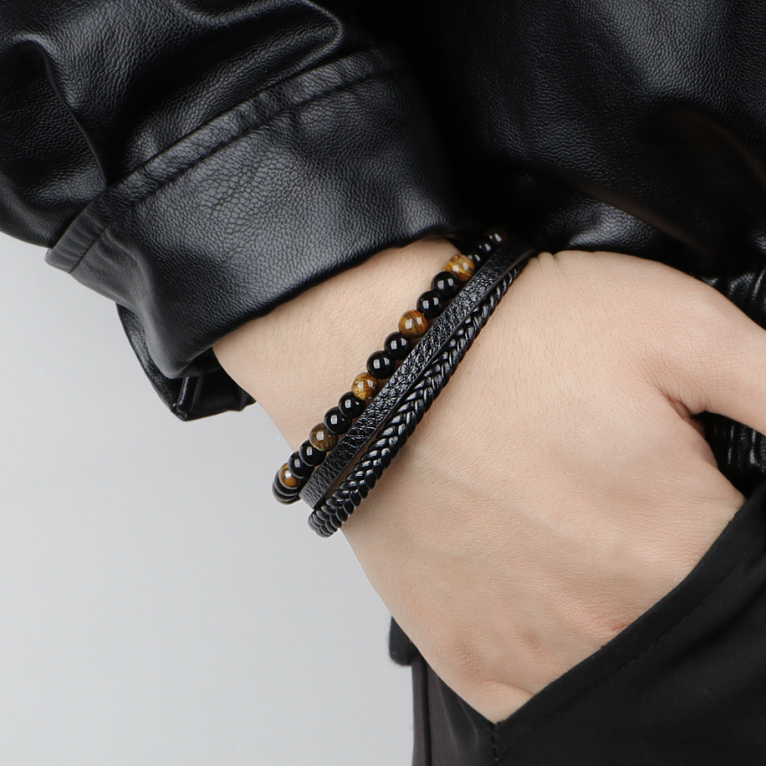 Simple Leather Stone Tiger Eye Beaded Strand Bracelet Bangle Cuff Wristband Braided Multilayer Wrap Bracelets Hip Hop Fashion Jewelry Gift