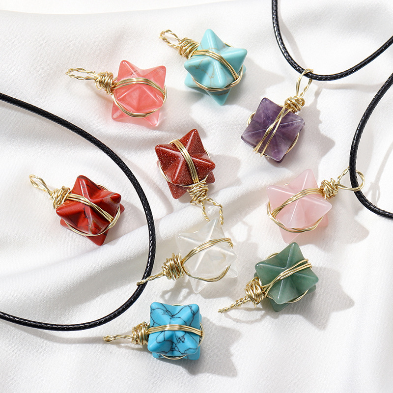Natural Stone Wire Winding Merkabah Hexagram Necklace Crystal Quartz Star Pendant Necklaces for Women Jewelry Gift