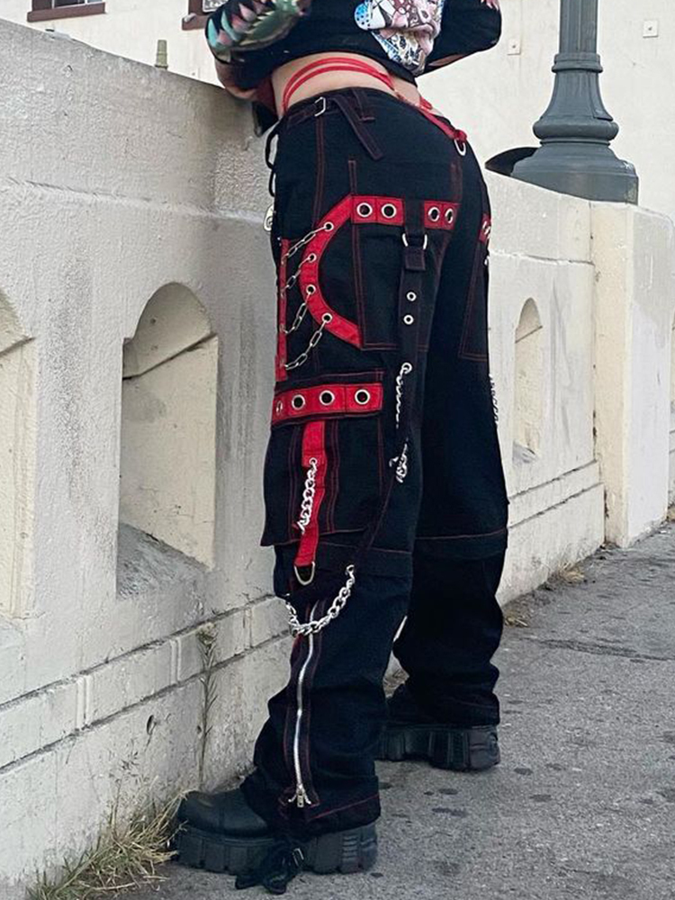 Women's Pants Capris Weekeep Punk Wide Leg Streetwear Low Rise Baggy Gothic Cargo Korean Hip Hop Patchwork Casual Trouser Harajuku 220922
