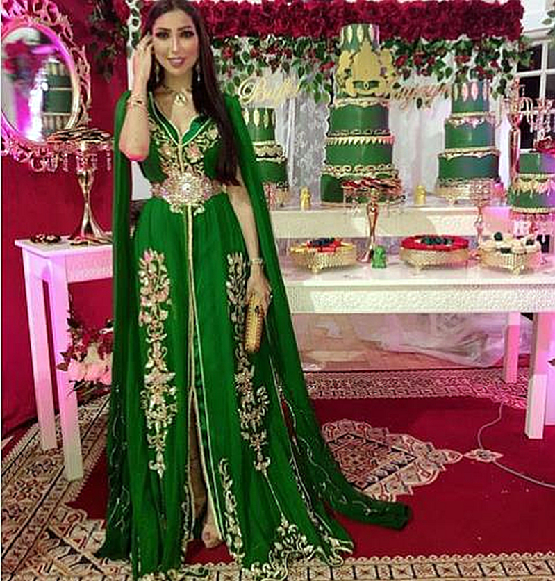 Elegant Green Moroccan Kaftan Evening Dresses Cape Ribbons V-Neck Slit Front A-Line Formal Party Gowns Algeria Arabic Dubai Turkey Caftan Prom Vestido