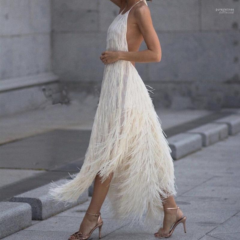 Casual Dresses Summer Women Fringed Dress Sexy Elegant Backless Sleeveless Female Fashion Solid Hanging Neck Club Night Party