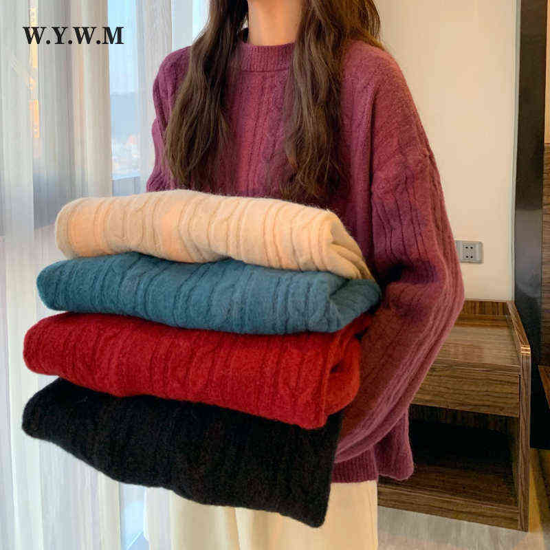 Women's Sweaters Wywm Winter MidLength Knitted Striped Sweater Women Autumn Loose Solid Split Sweaters Ladies Korean Oversized Depth Jumper J2209