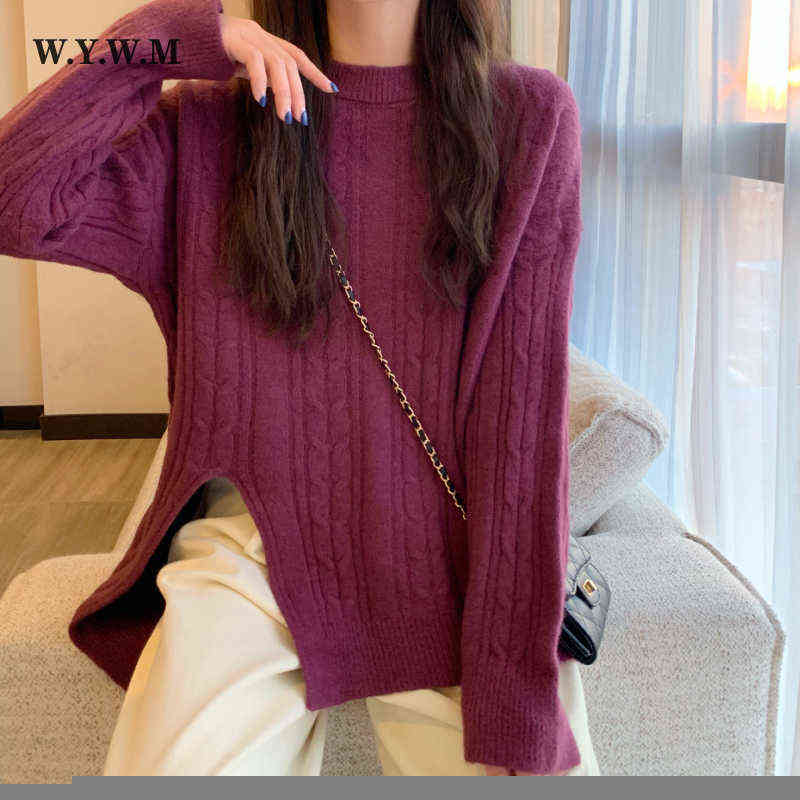 Women's Sweaters Wywm Winter MidLength Knitted Striped Sweater Women Autumn Loose Solid Split Sweaters Ladies Korean Oversized Depth Jumper J2209