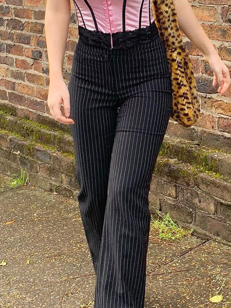 Women's Pants Capris SUCHCUTE Striped For Women Fashion Gothic High Waist Straight Baggy Streetwear Vintage Korean Style Suits Trouser 220922