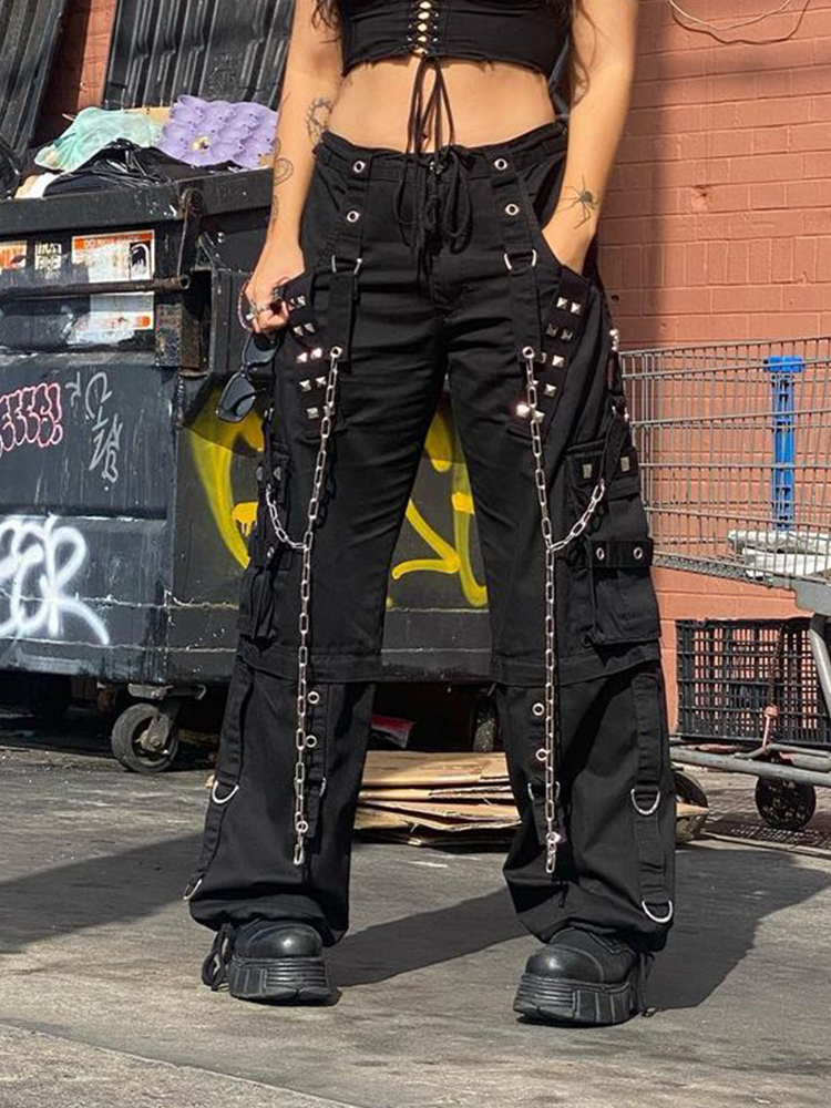 Women's Pants Capris Weekeep Punk Wide Leg Streetwear Low Rise Baggy Gothic Cargo Korean Hip Hop Patchwork Casual Trouser Harajuku 220922