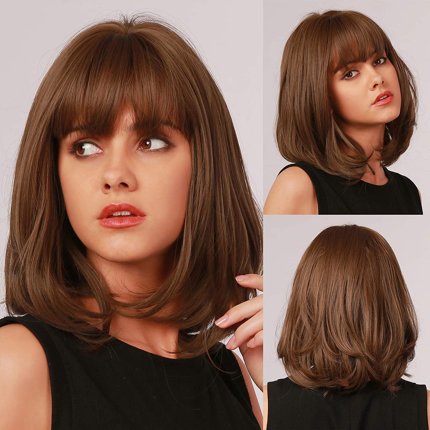 Brown Bob Wigs for Women Shoulder Length Synthetic Wig with Fringe Bangs High Heat Resistant Wig