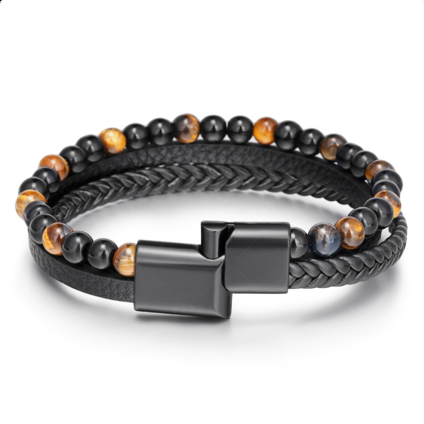 Simple Leather Stone Tiger Eye Beaded Strand Bracelet Bangle Cuff Wristband Braided Multilayer Wrap Bracelets Hip Hop Fashion Jewelry Gift