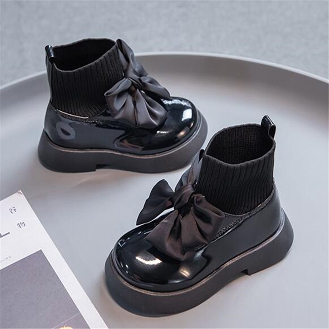 Childrens Boots Fashion Patent Leather Bow Child Girls Leather Shoes Autumn New Kids Socks Single Boot